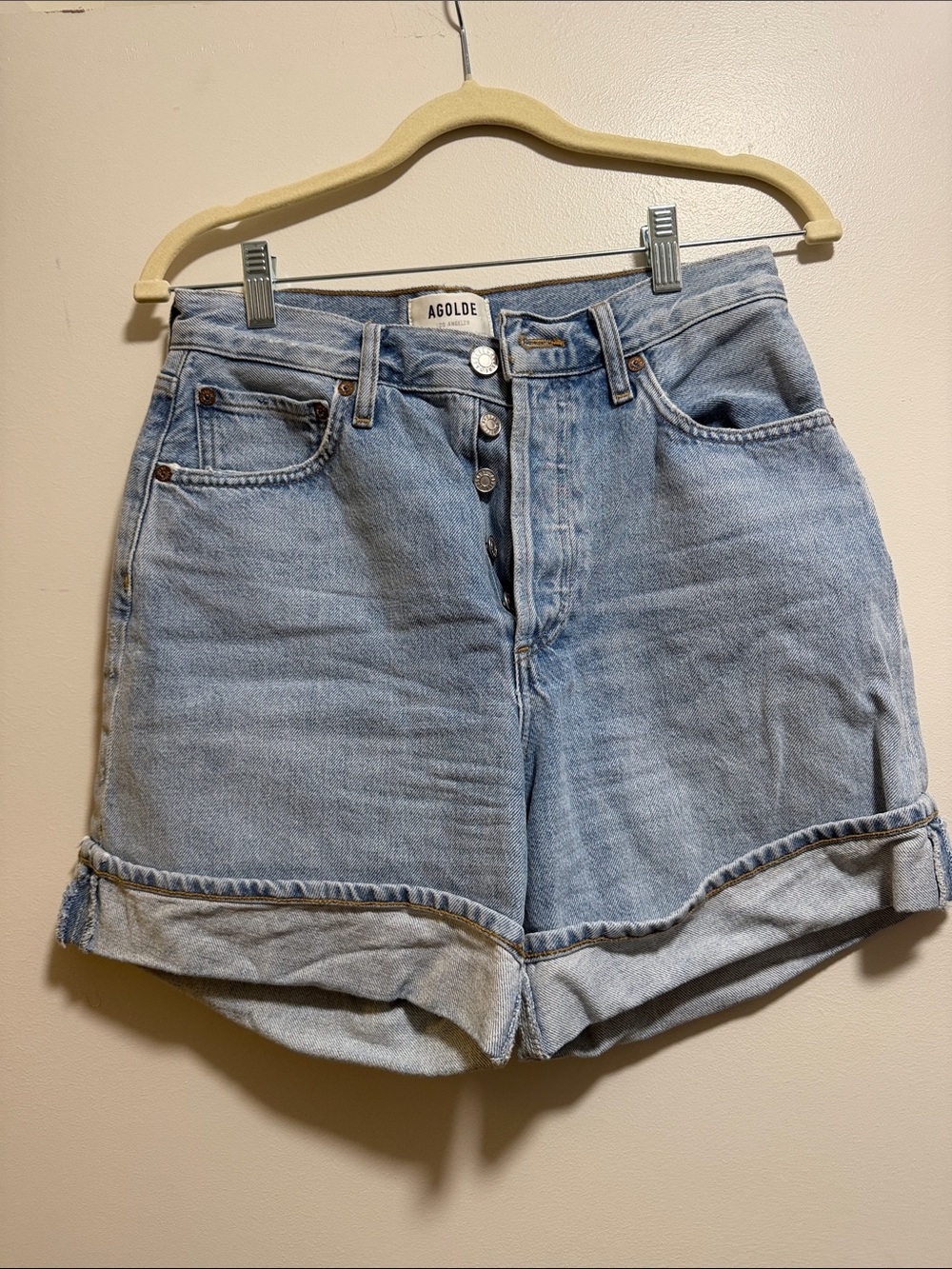 Agolde Light Wash High-Rise Rolled Hem Denim Shorts
